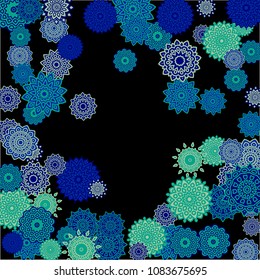Winter Background with Delicate Snowflakes. Flourish Medallions on Black Ground. Stylish Dark Pattern with Outline Arabesque Motives. Gentle Snowflakes Drawn in Indian Style and Looking as Mandalas.