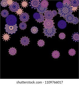 Winter Background with Delicate Snowflakes. Flourish Medallions on Black Ground. Stylish Dark Pattern with Outline Arabesque Motives. Gentle Snowflakes Drawn in Indian Style and Looking as Mandalas.