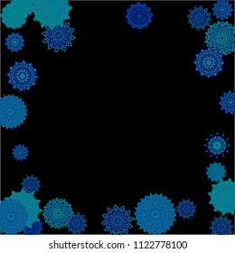 Winter Background with Delicate Snowflakes. Flourish Medallions on Black Ground. Stylish Dark Pattern with Outline Arabesque Motives. Gentle Snowflakes Drawn in Indian Style and Looking as Mandalas.