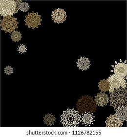 Winter Background with Delicate Snowflakes. Flourish Medallions on Black Ground. Stylish Dark Pattern with Outline Arabesque Motives. Gentle Snowflakes Drawn in Indian Style and Looking as Mandalas.
