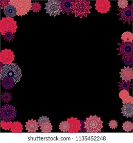 Winter Background with Delicate Snowflakes. Flourish Medallions on Black Ground. Stylish Dark Pattern with Outline Arabesque Motives. Gentle Snowflakes Drawn in Indian Style and Looking as Mandalas.