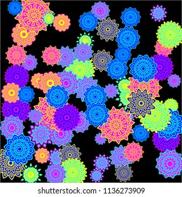Winter Background with Delicate Snowflakes. Flourish Medallions on Black Ground. Stylish Dark Pattern with Outline Arabesque Motives. Gentle Snowflakes Drawn in Indian Style and Looking as Mandalas.