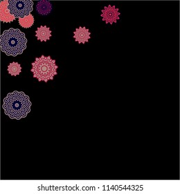 Winter Background with Delicate Snowflakes. Flourish Medallions on Black Ground. Stylish Dark Pattern with Outline Arabesque Motives. Gentle Snowflakes Drawn in Indian Style and Looking as Mandalas.