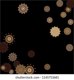 Winter Background with Delicate Snowflakes. Flourish Medallions on Black Ground. Stylish Dark Pattern with Outline Arabesque Motives. Gentle Snowflakes Drawn in Indian Style and Looking as Mandalas.