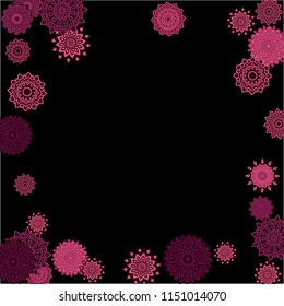 Winter Background with Delicate Snowflakes. Flourish Medallions on Black Ground. Stylish Dark Pattern with Outline Arabesque Motives. Gentle Snowflakes Drawn in Indian Style and Looking as Mandalas.