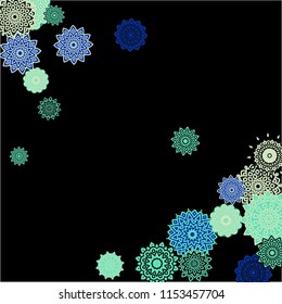 Winter Background with Delicate Snowflakes. Flourish Medallions on Black Ground. Stylish Dark Pattern with Outline Arabesque Motives. Gentle Snowflakes Drawn in Indian Style and Looking as Mandalas.