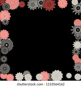 Winter Background with Delicate Snowflakes. Flourish Medallions on Black Ground. Stylish Dark Pattern with Outline Arabesque Motives. Gentle Snowflakes Drawn in Indian Style and Looking as Mandalas.