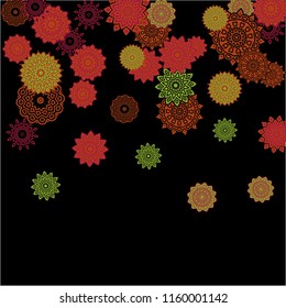 Winter Background with Delicate Snowflakes. Flourish Medallions on Black Ground. Stylish Dark Pattern with Outline Arabesque Motives. Gentle Snowflakes Drawn in Indian Style and Looking as Mandalas.