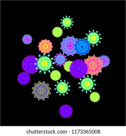 Winter Background with Delicate Snowflakes. Flourish Medallions on Black Ground. Stylish Dark Pattern with Outline Arabesque Motives. Gentle Snowflakes Drawn in Indian Style and Looking as Mandalas.