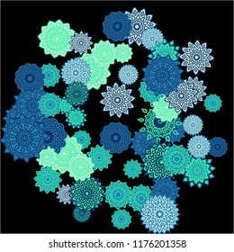 Winter Background with Delicate Snowflakes. Flourish Medallions on Black Ground. Stylish Dark Pattern with Outline Arabesque Motives. Gentle Snowflakes Drawn in Indian Style and Looking as Mandalas.