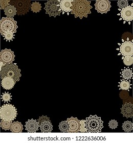 Winter Background with Delicate Snowflakes. Flourish Medallions on Black Ground. Stylish Dark Pattern with Outline Arabesque Motives. Gentle Snowflakes Drawn in Indian Style and Looking as Mandalas.