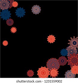 Winter Background with Delicate Snowflakes. Flourish Medallions on Black Ground. Stylish Dark Pattern with Outline Arabesque Motives. Gentle Snowflakes Drawn in Indian Style and Looking as Mandalas.