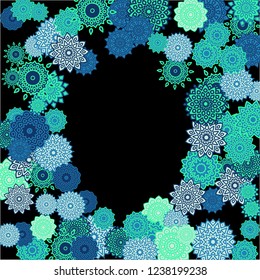 Winter Background with Delicate Snowflakes. Flourish Medallions on Black Ground. Stylish Dark Pattern with Outline Arabesque Motives. Gentle Snowflakes Drawn in Indian Style and Looking as Mandalas.