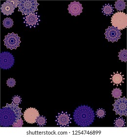 Winter Background with Delicate Snowflakes. Flourish Medallions on Black Ground. Stylish Dark Pattern with Outline Arabesque Motives. Gentle Snowflakes Drawn in Indian Style and Looking as Mandalas.