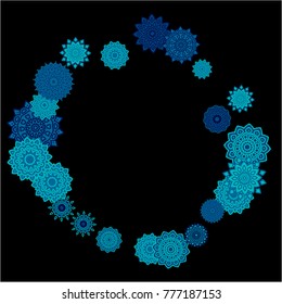 Winter Background with Delicate Snowflakes. Flourish Medallions on Black Ground. Stylish Dark Pattern with Outline Arabesque Motives. Gentle Snowflakes Drawn in Indian Style and Looking as Mandalas.