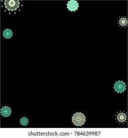 Winter Background with Delicate Snowflakes. Flourish Medallions on Black Ground. Stylish Dark Pattern with Outline Arabesque Motives. Gentle Snowflakes Drawn in Indian Style and Looking as Mandalas.