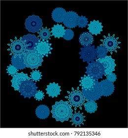 Winter Background with Delicate Snowflakes. Flourish Medallions on Black Ground. Stylish Dark Pattern with Outline Arabesque Motives. Gentle Snowflakes Drawn in Indian Style and Looking as Mandalas.