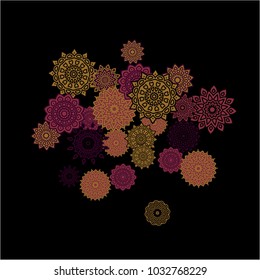 Winter Background with Delicate Snowflakes. Lacy Round Patterns on Black Ground. Stylish Dark Pattern with Outline Arabesque Motives. Gentle Snowflakes Drawn in Indian Style and Looking as Mandalas.