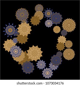 Winter Background with Delicate Snowflakes. Lacy Round Patterns on Black Ground. Stylish Dark Pattern with Outline Arabesque Motives. Gentle Snowflakes Drawn in Indian Style and Looking as Mandalas.