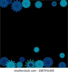 Winter Background with Delicate Snowflakes. Lacy Round Patterns on Black Ground. Stylish Dark Pattern with Outline Arabesque Motives. Gentle Snowflakes Drawn in Indian Style and Looking as Mandalas.