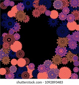 Winter Background with Delicate Snowflakes. Lacy Round Patterns on Black Ground. Stylish Dark Pattern with Outline Arabesque Motives. Gentle Snowflakes Drawn in Indian Style and Looking as Mandalas.