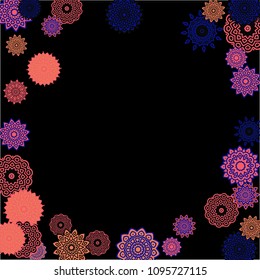 Winter Background with Delicate Snowflakes. Lacy Round Patterns on Black Ground. Stylish Dark Pattern with Outline Arabesque Motives. Gentle Snowflakes Drawn in Indian Style and Looking as Mandalas.