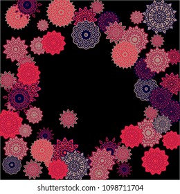 Winter Background with Delicate Snowflakes. Lacy Round Patterns on Black Ground. Stylish Dark Pattern with Outline Arabesque Motives. Gentle Snowflakes Drawn in Indian Style and Looking as Mandalas.
