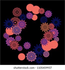 Winter Background with Delicate Snowflakes. Lacy Round Patterns on Black Ground. Stylish Dark Pattern with Outline Arabesque Motives. Gentle Snowflakes Drawn in Indian Style and Looking as Mandalas.