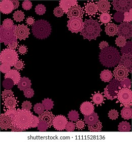 Winter Background with Delicate Snowflakes. Lacy Round Patterns on Black Ground. Stylish Dark Pattern with Outline Arabesque Motives. Gentle Snowflakes Drawn in Indian Style and Looking as Mandalas.