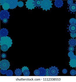 Winter Background with Delicate Snowflakes. Lacy Round Patterns on Black Ground. Stylish Dark Pattern with Outline Arabesque Motives. Gentle Snowflakes Drawn in Indian Style and Looking as Mandalas.