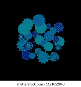 Winter Background with Delicate Snowflakes. Lacy Round Patterns on Black Ground. Stylish Dark Pattern with Outline Arabesque Motives. Gentle Snowflakes Drawn in Indian Style and Looking as Mandalas.