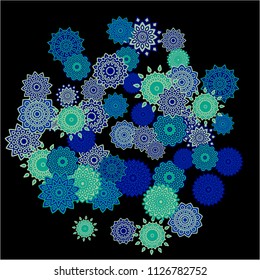 Winter Background with Delicate Snowflakes. Lacy Round Patterns on Black Ground. Stylish Dark Pattern with Outline Arabesque Motives. Gentle Snowflakes Drawn in Indian Style and Looking as Mandalas.