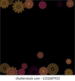 Winter Background with Delicate Snowflakes. Lacy Round Patterns on Black Ground. Stylish Dark Pattern with Outline Arabesque Motives. Gentle Snowflakes Drawn in Indian Style and Looking as Mandalas.