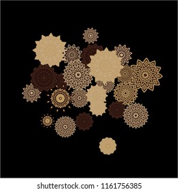Winter Background with Delicate Snowflakes. Lacy Round Patterns on Black Ground. Stylish Dark Pattern with Outline Arabesque Motives. Gentle Snowflakes Drawn in Indian Style and Looking as Mandalas.