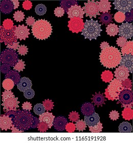 Winter Background with Delicate Snowflakes. Lacy Round Patterns on Black Ground. Stylish Dark Pattern with Outline Arabesque Motives. Gentle Snowflakes Drawn in Indian Style and Looking as Mandalas.