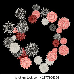 Winter Background with Delicate Snowflakes. Lacy Round Patterns on Black Ground. Stylish Dark Pattern with Outline Arabesque Motives. Gentle Snowflakes Drawn in Indian Style and Looking as Mandalas.