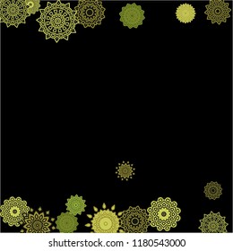 Winter Background with Delicate Snowflakes. Lacy Round Patterns on Black Ground. Stylish Dark Pattern with Outline Arabesque Motives. Gentle Snowflakes Drawn in Indian Style and Looking as Mandalas.