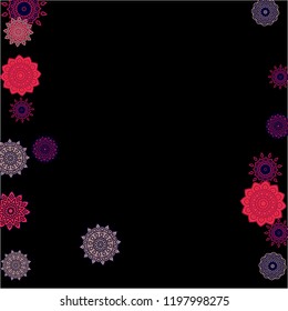 Winter Background with Delicate Snowflakes. Lacy Round Patterns on Black Ground. Stylish Dark Pattern with Outline Arabesque Motives. Gentle Snowflakes Drawn in Indian Style and Looking as Mandalas.