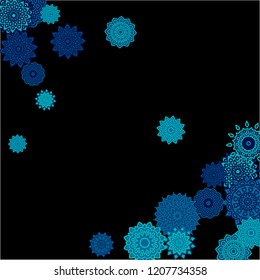 Winter Background with Delicate Snowflakes. Lacy Round Patterns on Black Ground. Stylish Dark Pattern with Outline Arabesque Motives. Gentle Snowflakes Drawn in Indian Style and Looking as Mandalas.