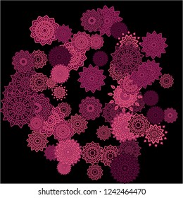 Winter Background with Delicate Snowflakes. Lacy Round Patterns on Black Ground. Stylish Dark Pattern with Outline Arabesque Motives. Gentle Snowflakes Drawn in Indian Style and Looking as Mandalas.