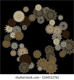 Winter Background with Delicate Snowflakes. Lacy Round Patterns on Black Ground. Stylish Dark Pattern with Outline Arabesque Motives. Gentle Snowflakes Drawn in Indian Style and Looking as Mandalas.