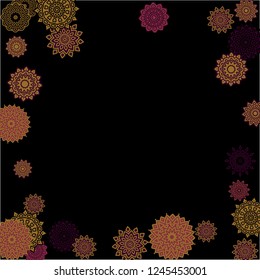 Winter Background with Delicate Snowflakes. Lacy Round Patterns on Black Ground. Stylish Dark Pattern with Outline Arabesque Motives. Gentle Snowflakes Drawn in Indian Style and Looking as Mandalas.