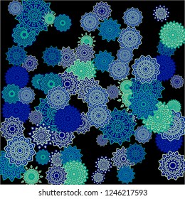 Winter Background with Delicate Snowflakes. Lacy Round Patterns on Black Ground. Stylish Dark Pattern with Outline Arabesque Motives. Gentle Snowflakes Drawn in Indian Style and Looking as Mandalas.