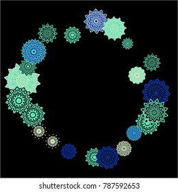 Winter Background with Delicate Snowflakes. Lacy Round Patterns on Black Ground. Stylish Dark Pattern with Outline Arabesque Motives. Gentle Snowflakes Drawn in Indian Style and Looking as Mandalas.