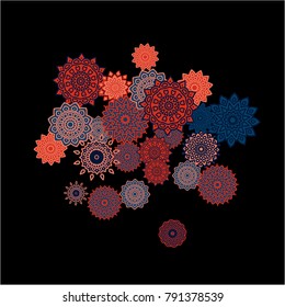 Winter Background with Delicate Snowflakes. Lacy Round Patterns on Black Ground. Stylish Dark Pattern with Outline Arabesque Motives. Gentle Snowflakes Drawn in Indian Style and Looking as Mandalas.