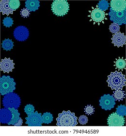 Winter Background with Delicate Snowflakes. Lacy Round Patterns on Black Ground. Stylish Dark Pattern with Outline Arabesque Motives. Gentle Snowflakes Drawn in Indian Style and Looking as Mandalas.