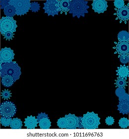 Winter Background with Delicate Snowflakes. Round Orient Patterns on Black Ground. Stylish Dark Pattern with Outline Arabesque Motives. Gentle Snowflakes Drawn in Indian Style and Looking as Mandalas.