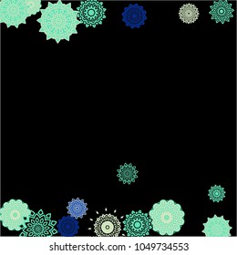 Winter Background with Delicate Snowflakes. Round Orient Patterns on Black Ground. Stylish Dark Pattern with Outline Arabesque Motives. Gentle Snowflakes Drawn in Indian Style and Looking as Mandalas.