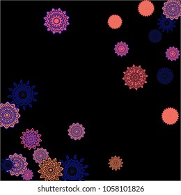 Winter Background with Delicate Snowflakes. Round Orient Patterns on Black Ground. Stylish Dark Pattern with Outline Arabesque Motives. Gentle Snowflakes Drawn in Indian Style and Looking as Mandalas.