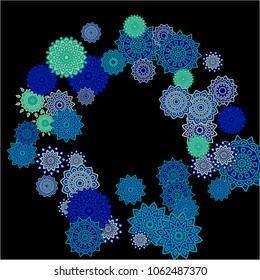 Winter Background with Delicate Snowflakes. Round Orient Patterns on Black Ground. Stylish Dark Pattern with Outline Arabesque Motives. Gentle Snowflakes Drawn in Indian Style and Looking as Mandalas.
